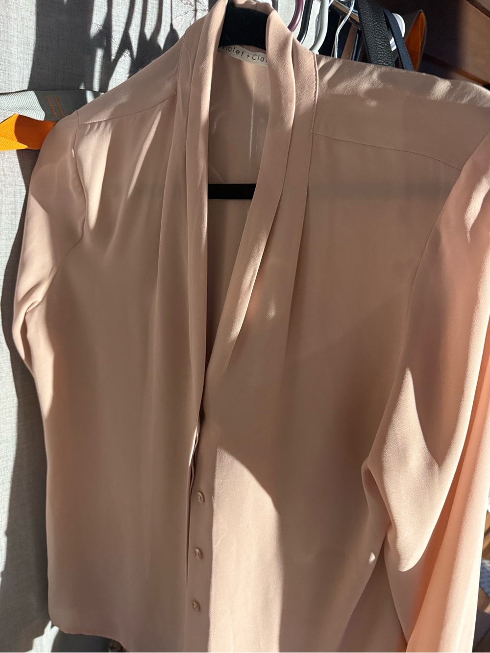 Light Blush Button-Down Satin Blouse by Violet & Claire